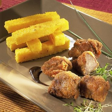 Pépites de foie d’agneau en nuggets à la moutarde violette de Brive et frites de polenta