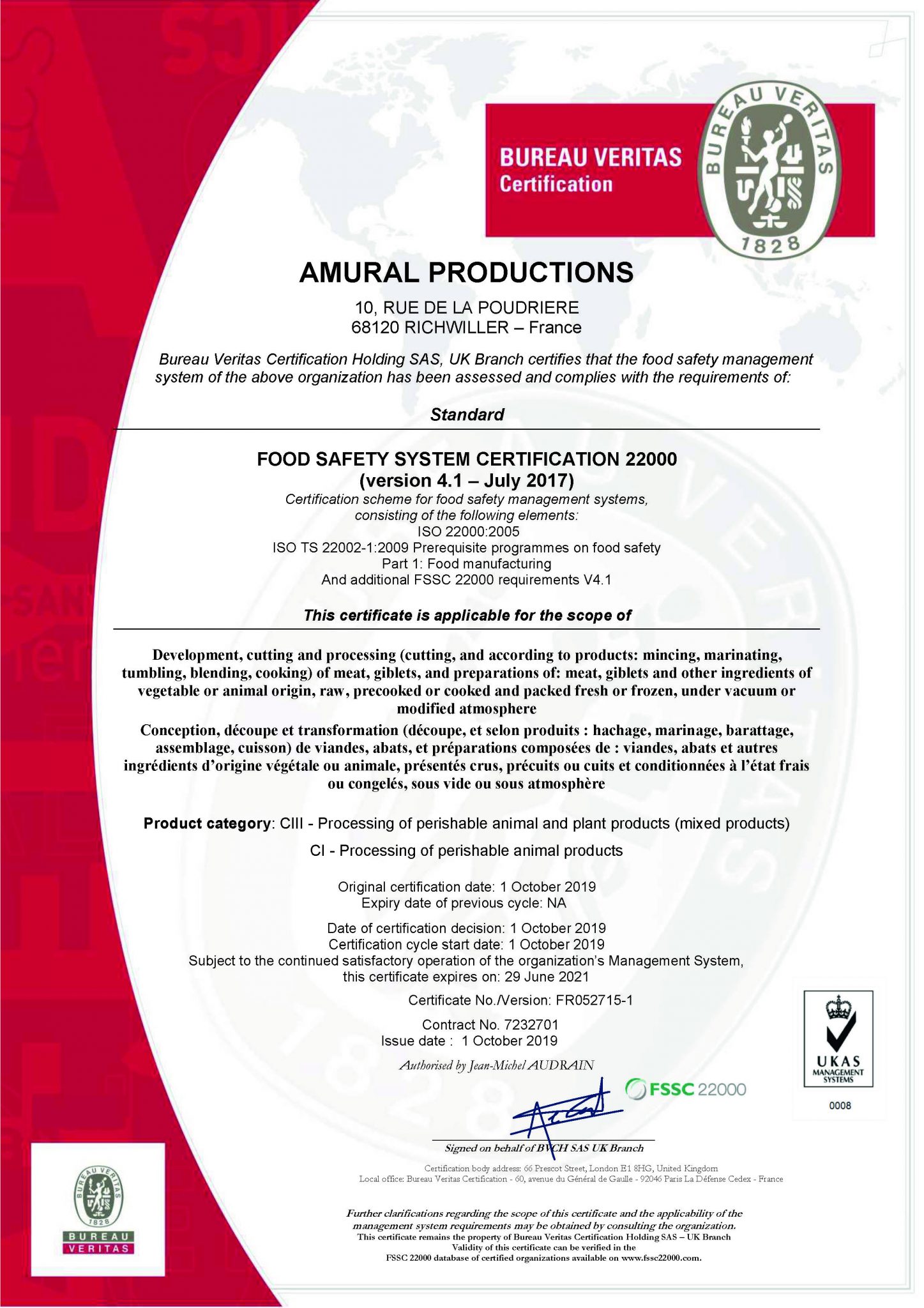 Certification FSSC 22 000 pour Amural Productions